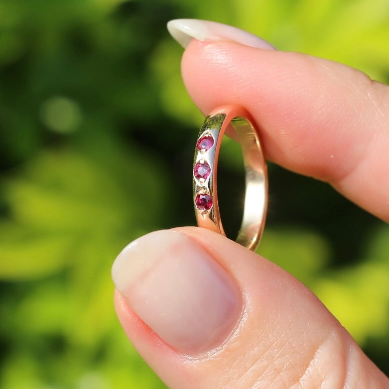 Grain Set Garnet Trilogy, 9ct Rosey Gold, size N or 6.75