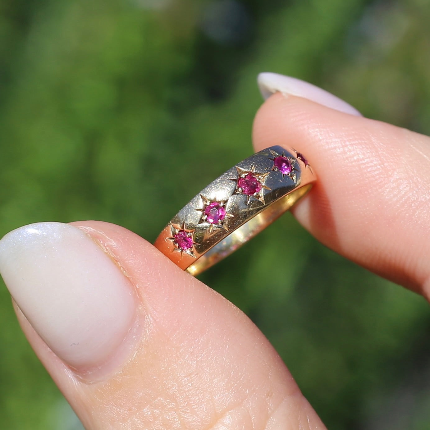 Antique 1891 Five Stone Star Set Old Cut Ruby Ring, 15ct Rosey Gold, size N- N1/2 or 6.75