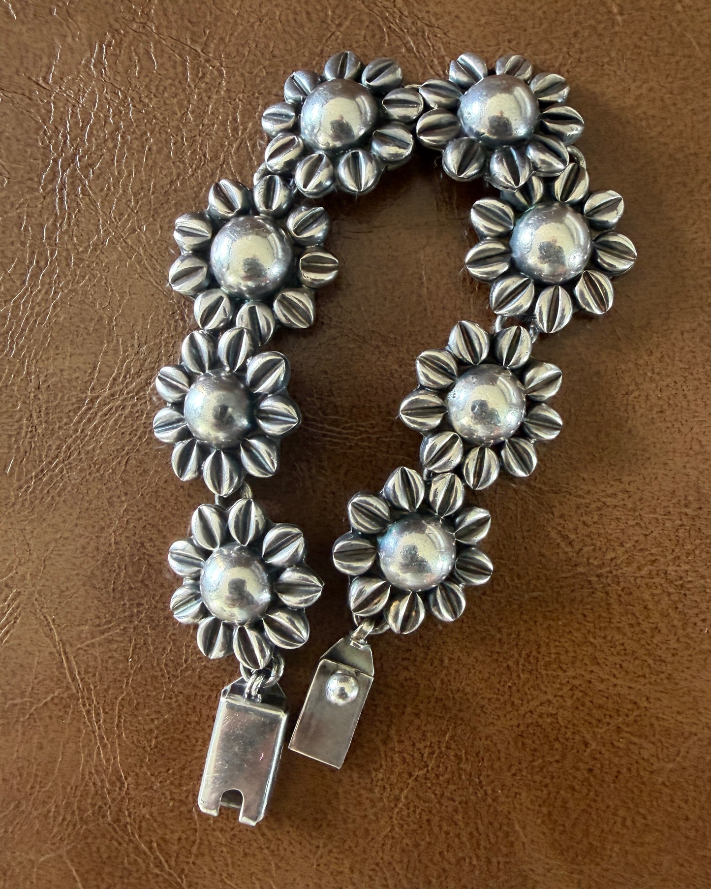Chunky Vintage Mexican Silver Daisy/ Sunflower Bracelet, Sterling Silver, 18.5cm or 7.25 inches, 44.52g