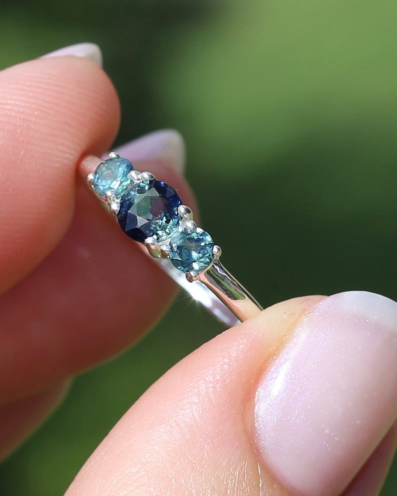 0.85ct Natural Parti Sapphire Trilogy Ring, Sterling Silver, size Q or 8.25, 1.98g
