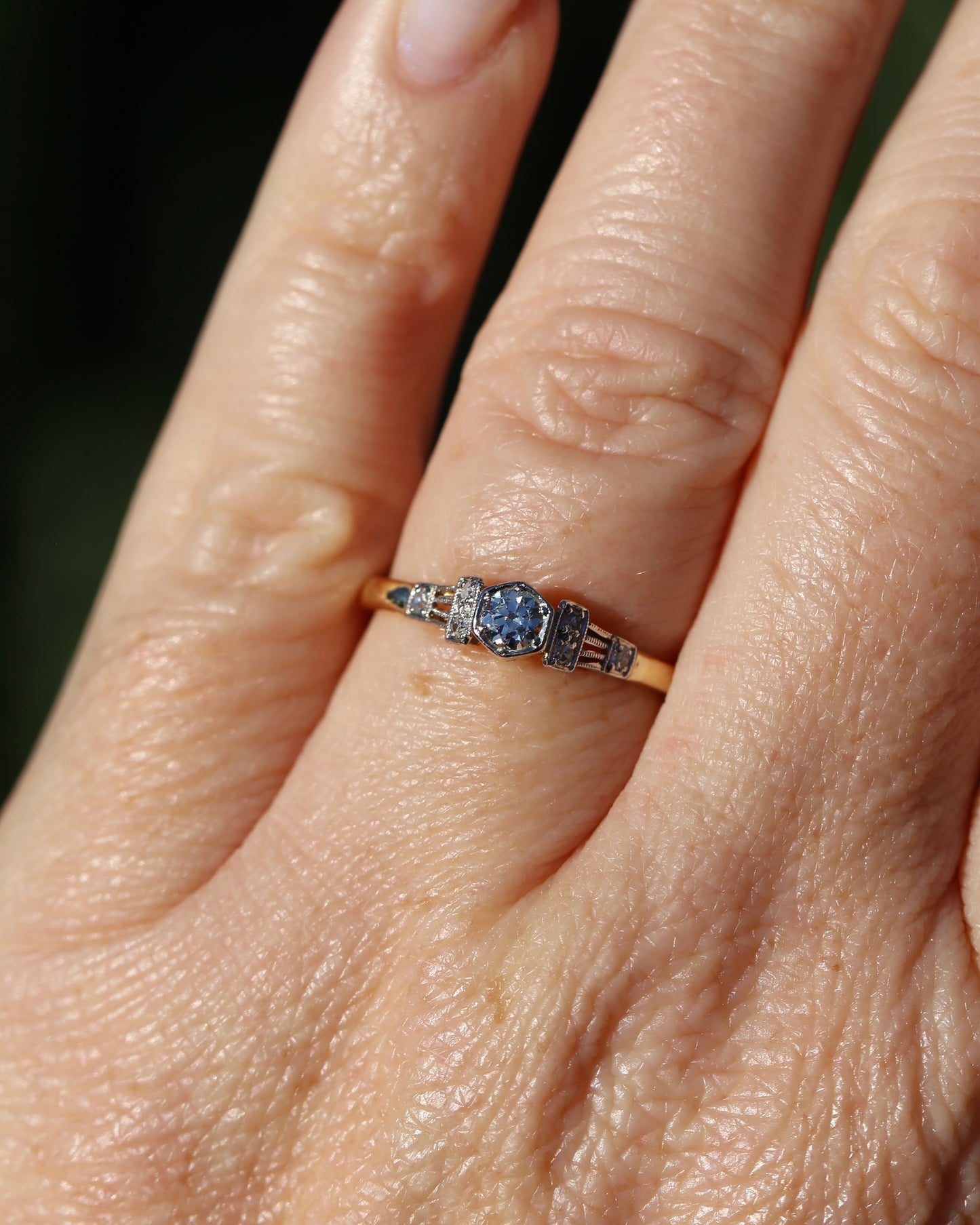 Hexagonal Grain Semi Modern Cut Diamond and Single Cut Diamond Shoulders Ring, 18ct White and Yellow Gold, size P1/2 or 8, 2.58g, with valuation