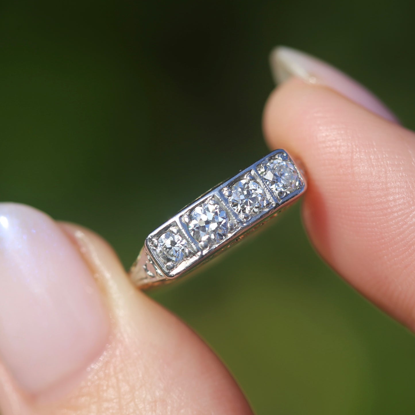 1930s 4 Stone Transitional Cut Diamond Mixed Metal Ring, 18ct Yellow Gold & Platinum, size M or just bigger than 6