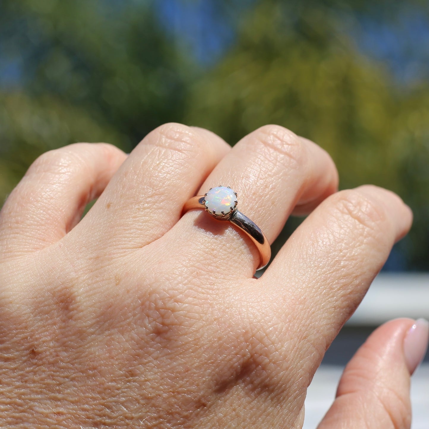 Early Australian 11 Multi Claw White Round Opal Ring, 9ct Old Rosey Gold, size 10 or U