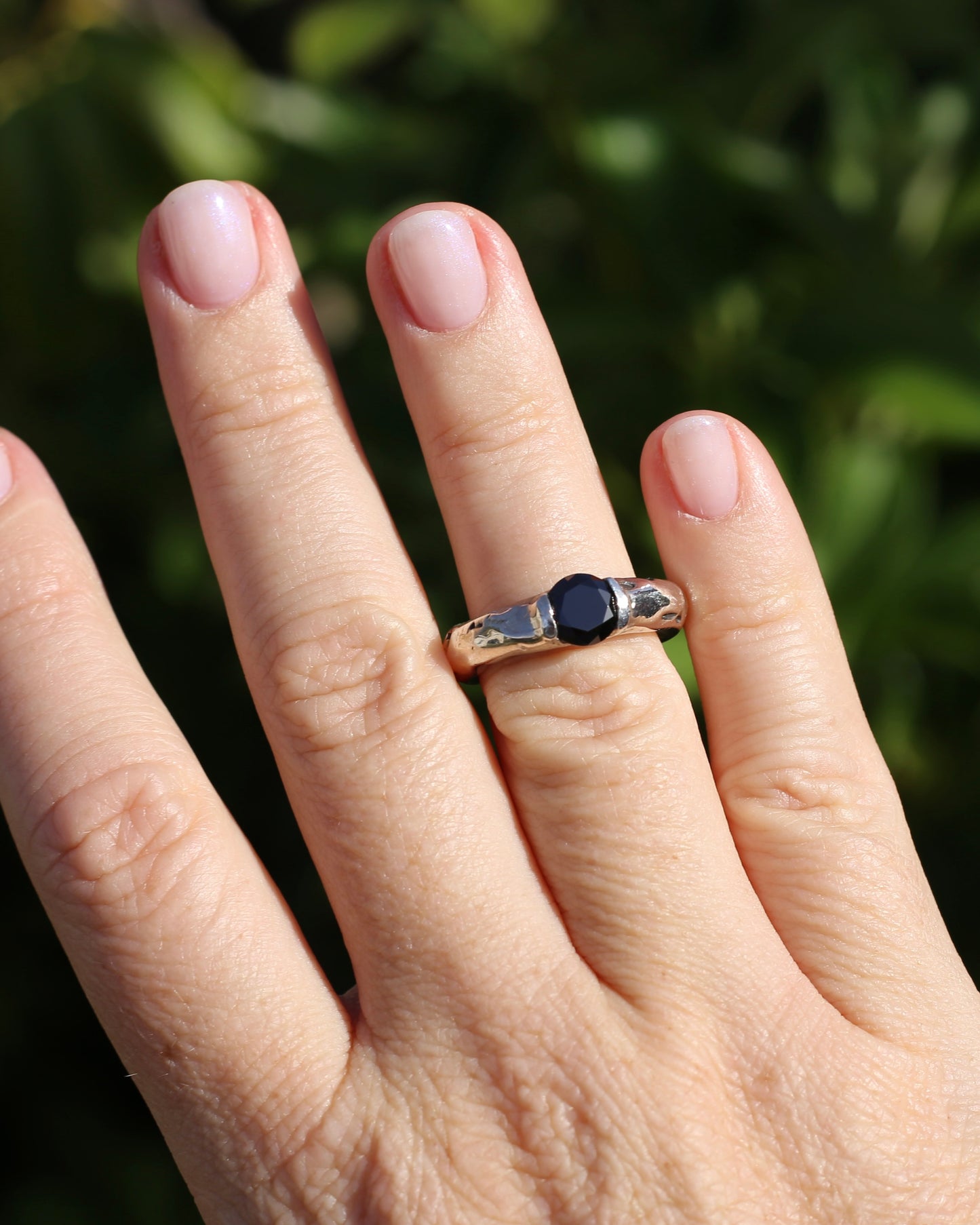 Rustic Handmade Chunky Silver Ring with Black Glass Round Brilliant Semi Bezel Set Stone, size L or 5.75
