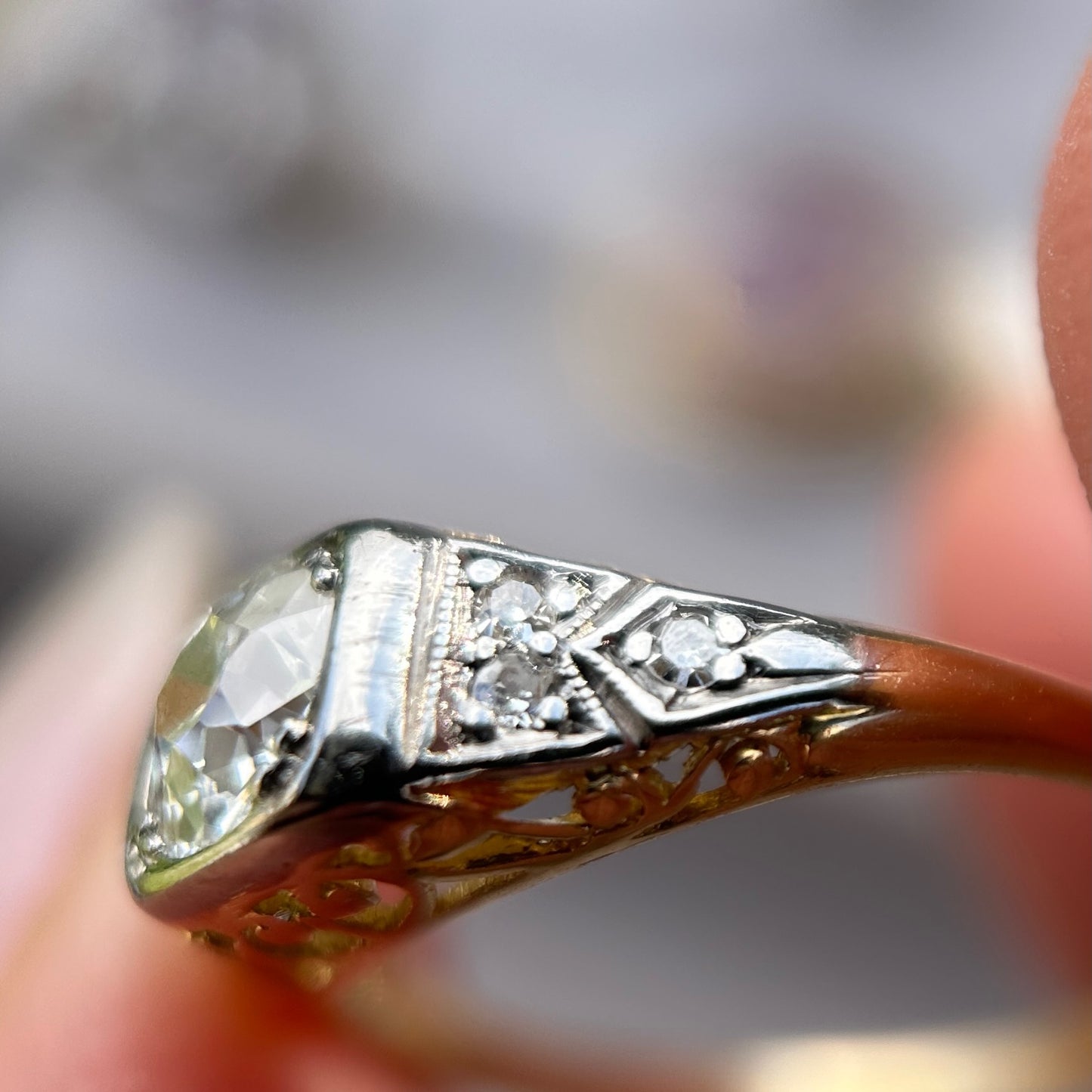 Antique Circa 1915 Old European Cut Solitaire, 18ct White and Yellow Gold, size M1/2 or 6.5