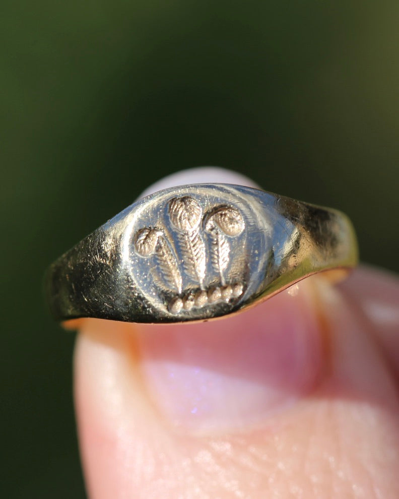 1984 Made Hand Carved Welsh Feather Signet Ring, 9ct Yellow Gold, size Q or just over 8, 2.45g