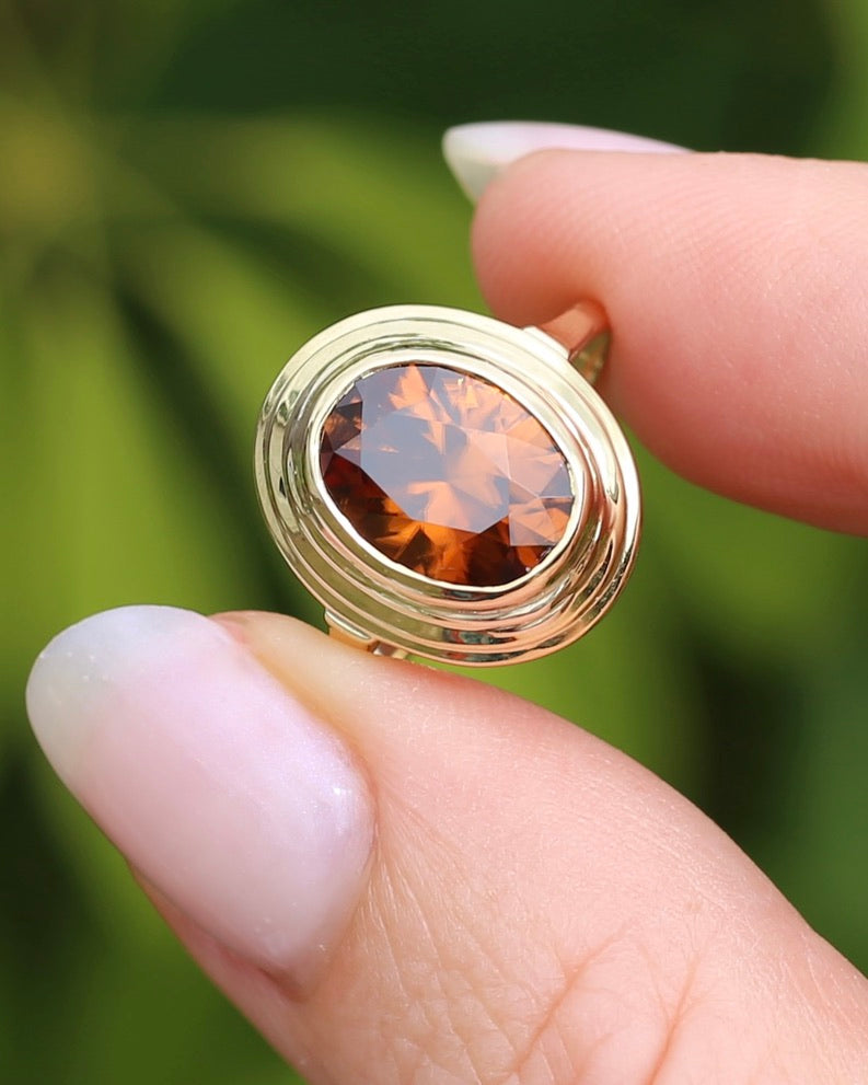 5.08ct Bezel Set Tiered Zircon Ring, 9ct Yellow Gold, size P or 7.5, 14ct Yellow Gold, 4.06g