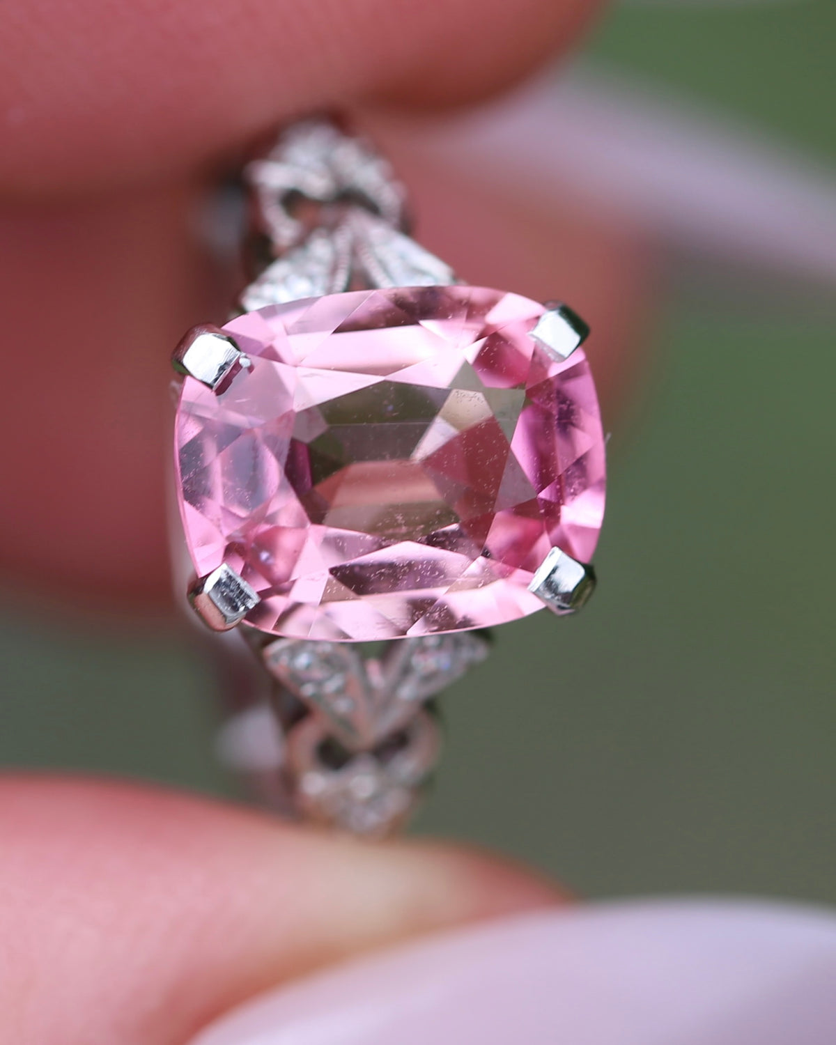 Pale Pink Tourmaline and Old Cut Diamond Shoulder Ring, 18ct White Gold and Platinum, size N or 6.75, 2.63g