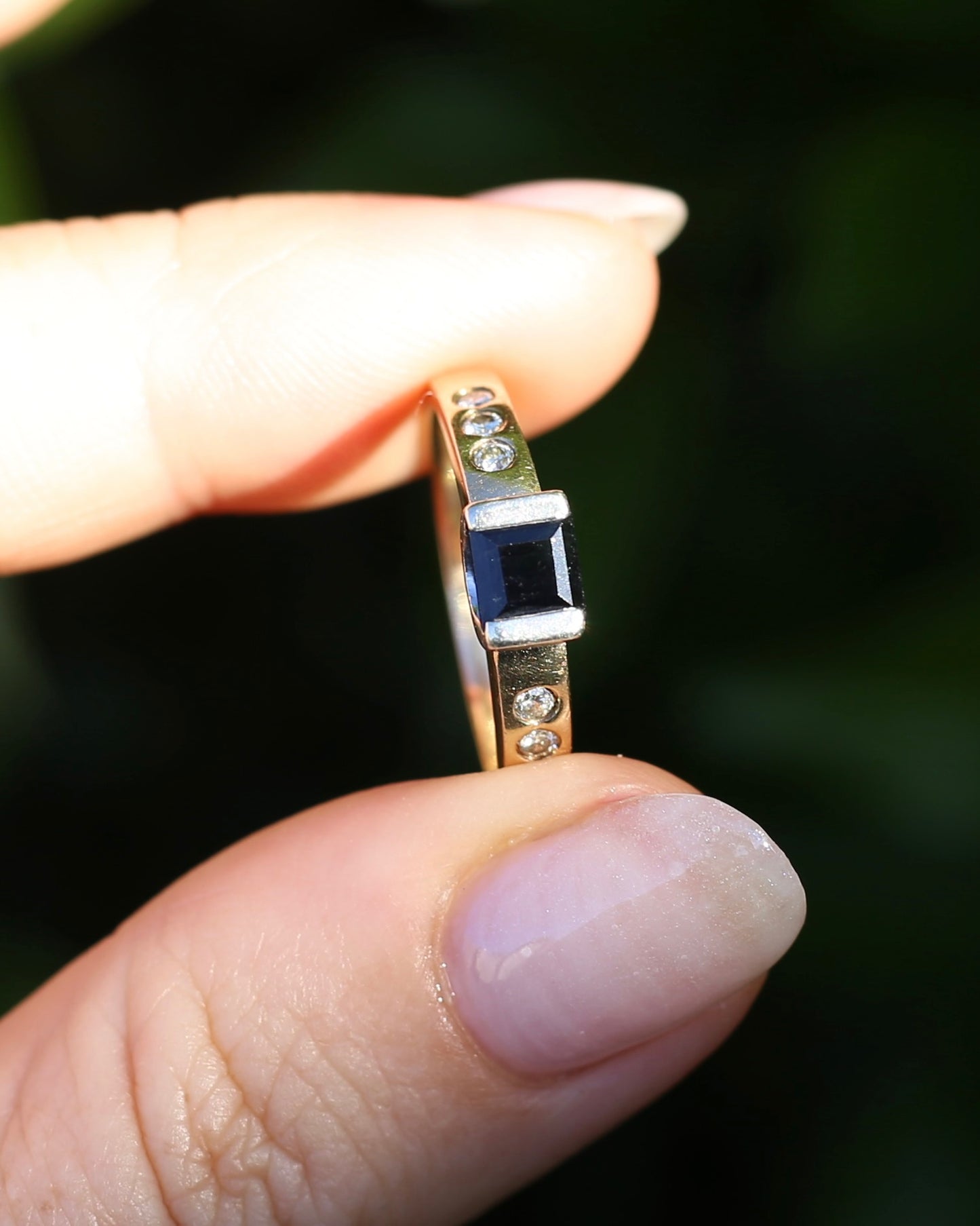 Vintage Chunky East West Set Sapphire and Flush Set Diamonds, 9ct Yellow and White Gold, size 9 or S