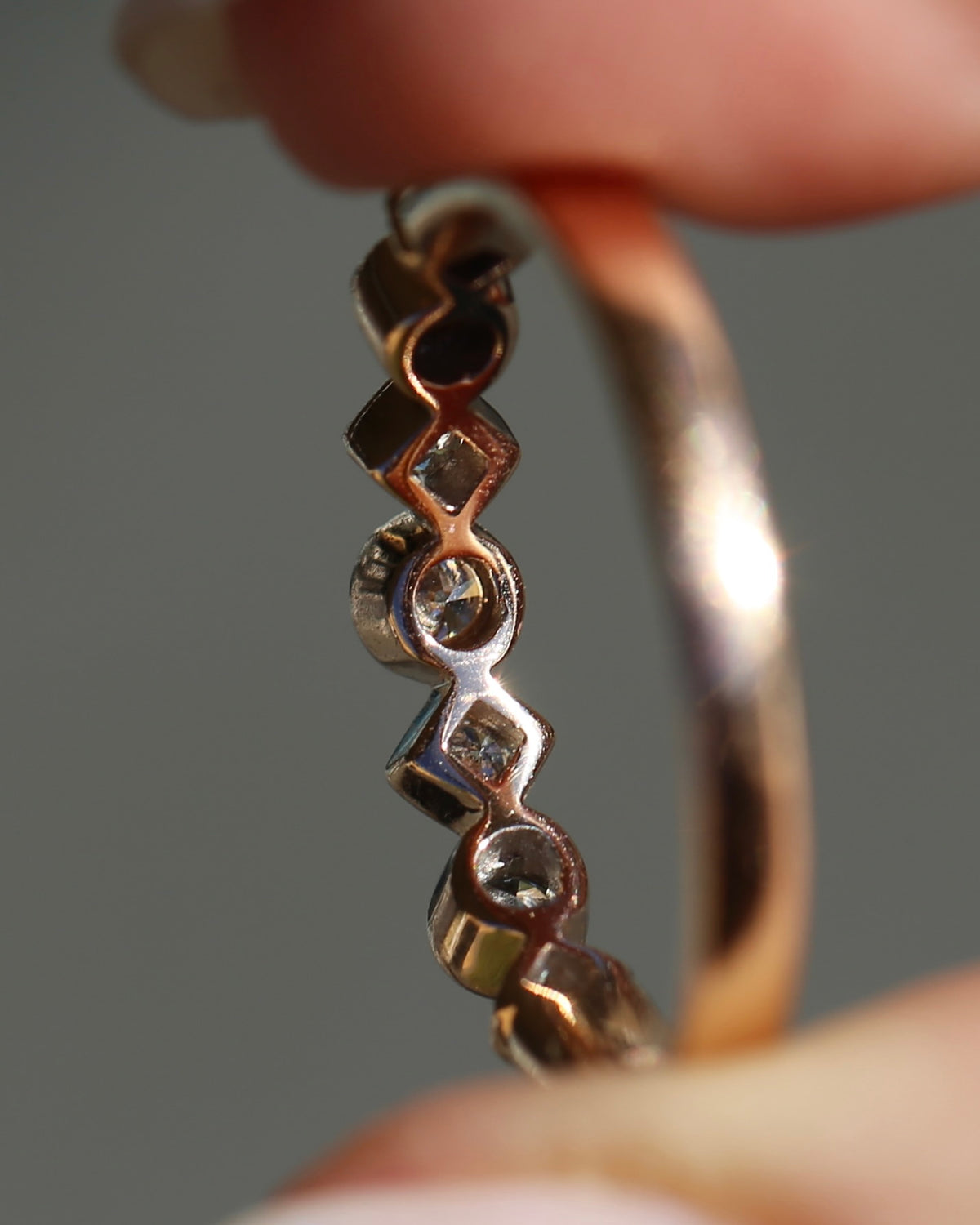 0.25ct 7 Stone Natural Diamond Bezel Set Round and Geometric Rose Gold Stacker, 10ct Rose Gold, size O or 7.25