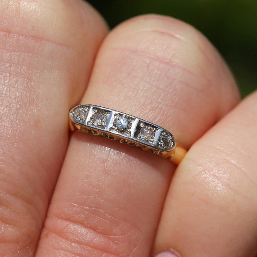 1930s Old Cut 5 Stone Diamond Ring, Platinum and 18ct Yellow Gold, size L or 5.75