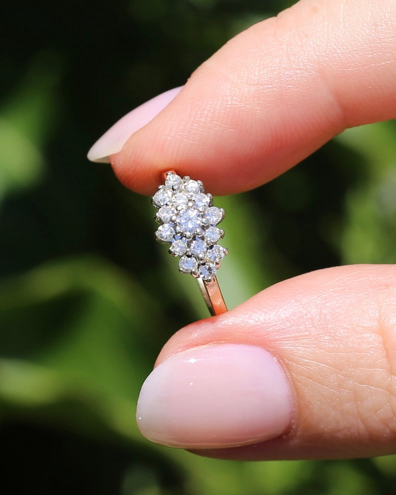 1991 London Made Diamond Cluster Ring, 9ct Yellow and White Gold, size J or 4.75, 2.2g