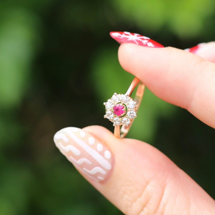 Antique Ruby and Old Cut Diamond Cluster, 15ct Yellow Gold, size O or 7.25 with valuation