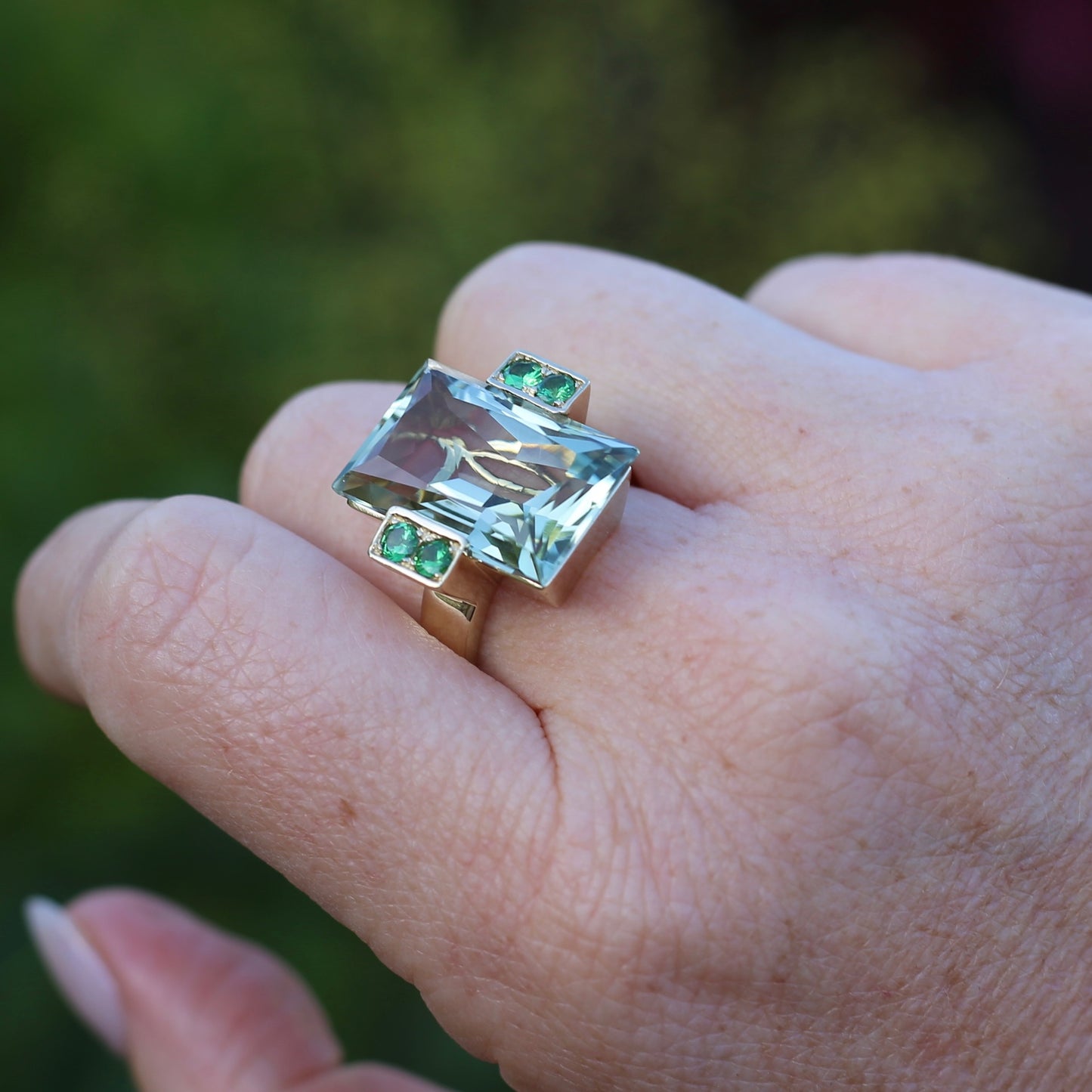 Vintage 15ct Prasiolite Green Quartz and Chrome Diopside Cocktail Ring, size U or 10