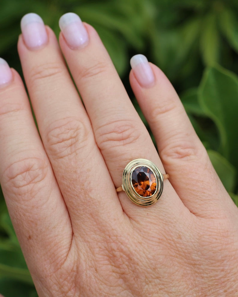 5.08ct Bezel Set Tiered Zircon Ring, 9ct Yellow Gold, size P or 7.5, 14ct Yellow Gold, 4.06g
