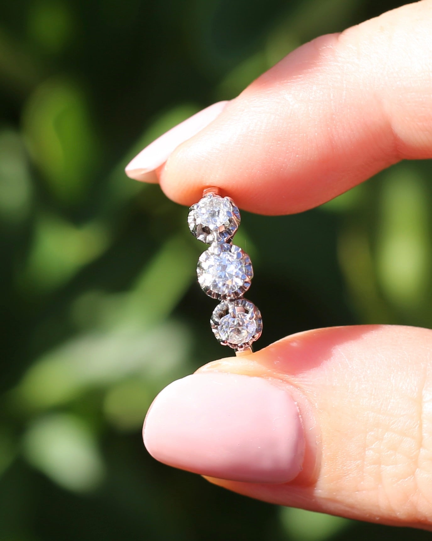 Circa 1930s Transitional Cut Diamond Trilogy with Kozibe Effect, Platinum, size L or 5.75, 2.68g, with valuation