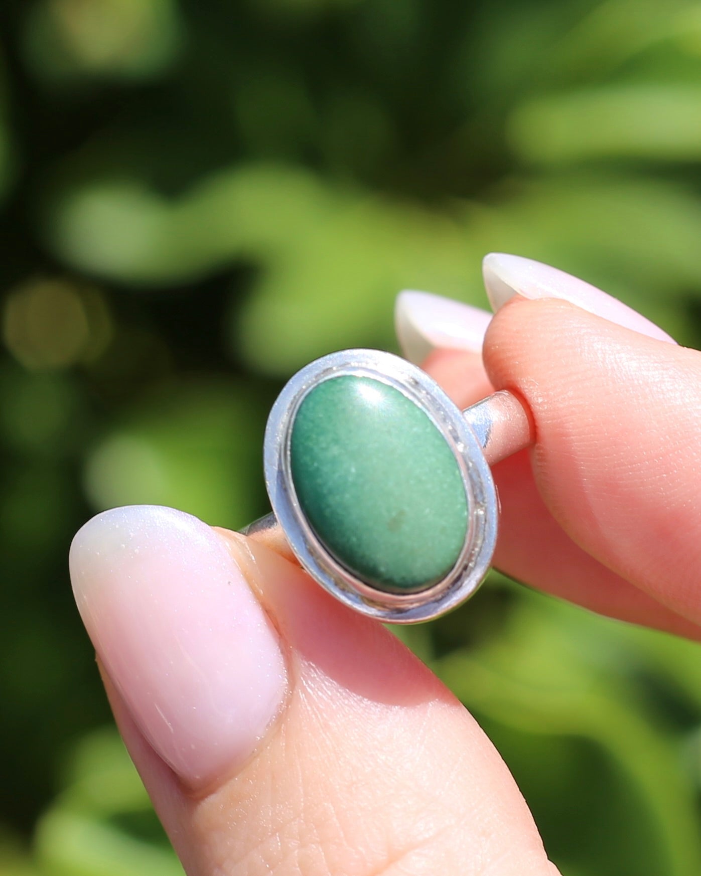 Natural Green Turquoise Bezel Set Ring, Sterling Silver, size P or 7.5, 6.0g