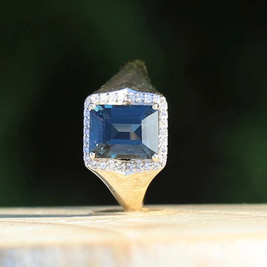 Emerald Cut London Blue Topaz Signet Ring With Diamond Halo, size N or 6.75