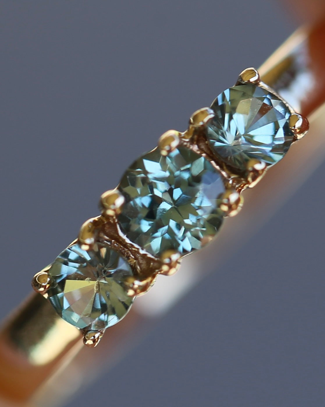 Natural Turquoise-Meets-Sage-Green Parti Trilogy, Claw Set 9ct Yellow Gold, size O1/2 or just over 7.25, 2.16g