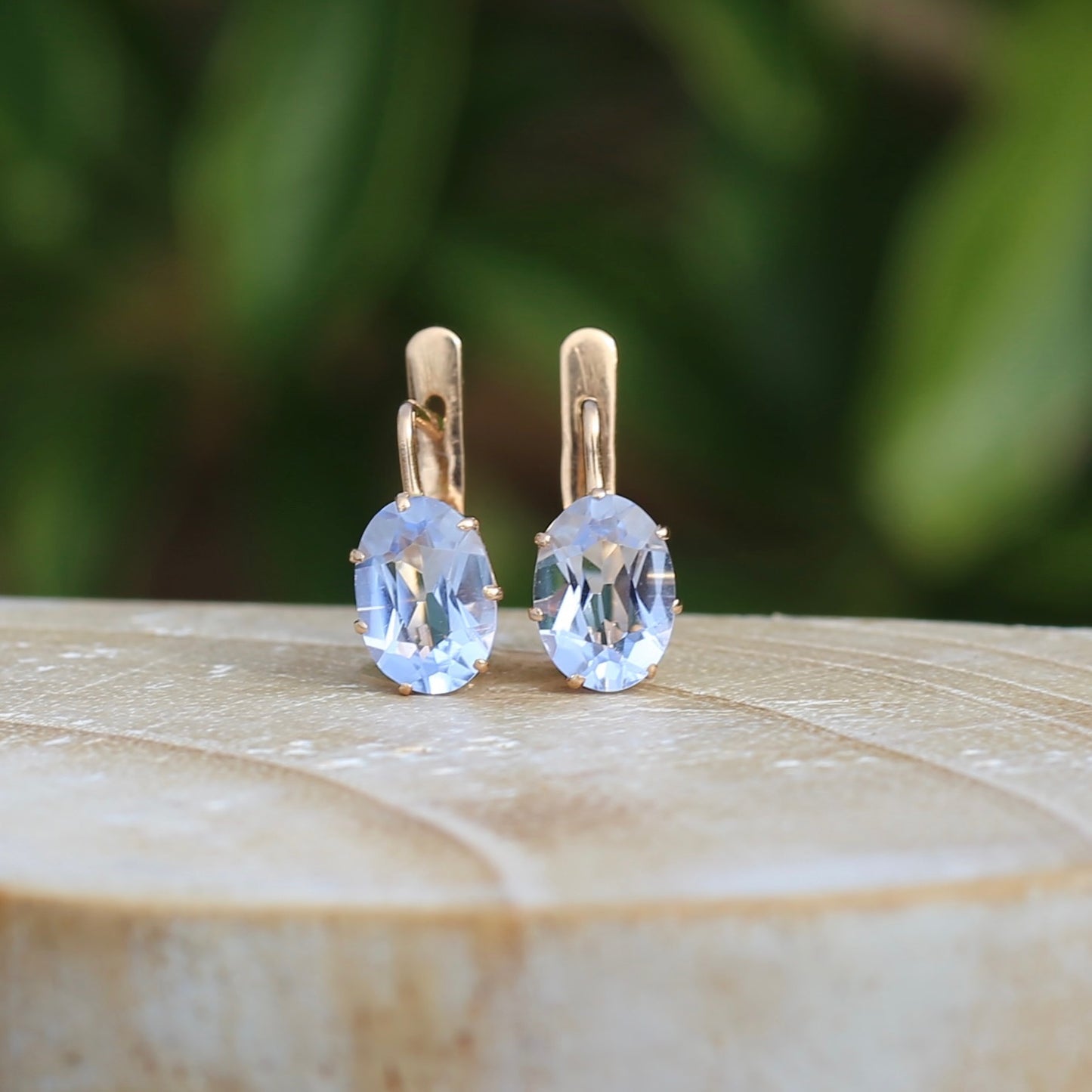 Vintage Russian Pale Lilac Blue Spinel Earrings with Lever Backs, 14ct Rosey Gold, 3.03g