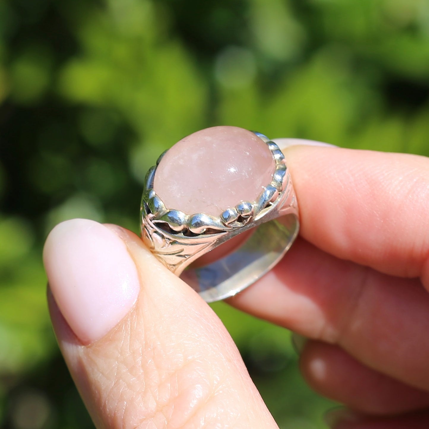 Rose Quartz Cabochon Ring, Sterling Silver, size O or 7.25