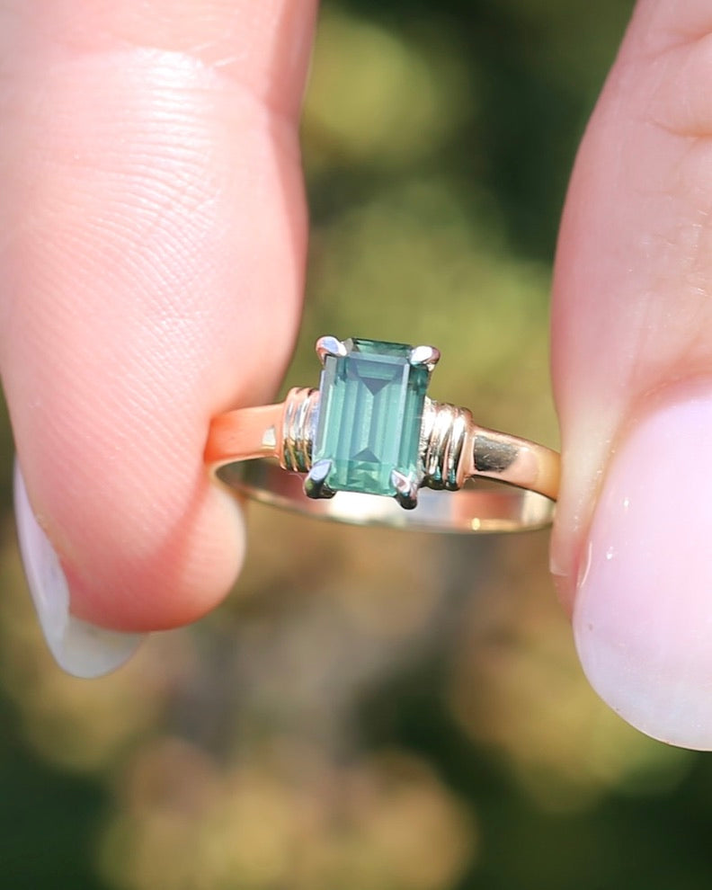 1.3ct Natural Green Emerald Cut Sapphire, 9ct White and Yellow Gold, size K1/2 or 5.5, 2.0g