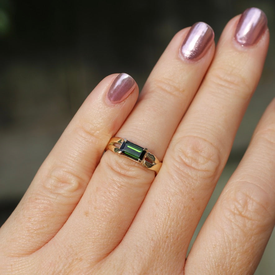 East West Set Emerald Cut Dark Green Natural Tourmaline Ring, 9ct Yellow Gold, size L or 5.75