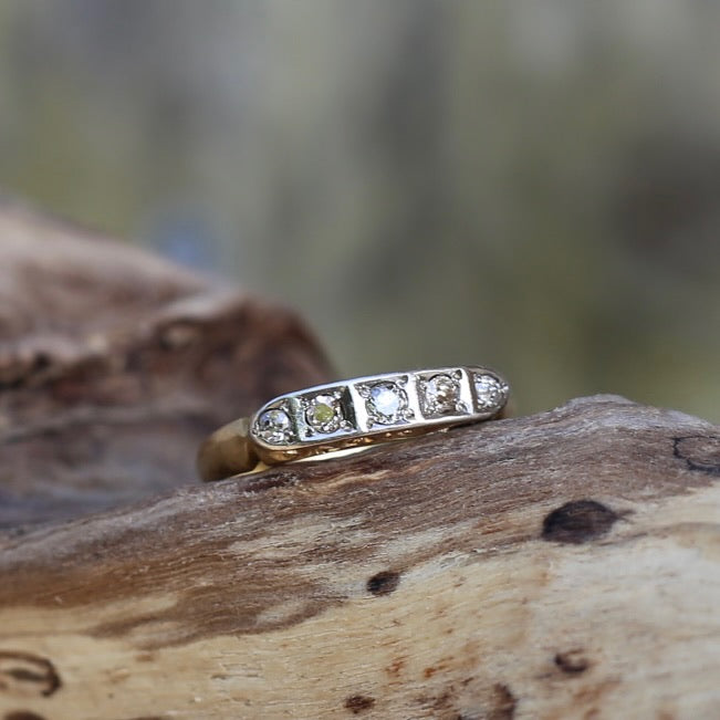 1930s Old Cut 5 Stone Diamond Ring, Platinum and 18ct Yellow Gold, size L or 5.75