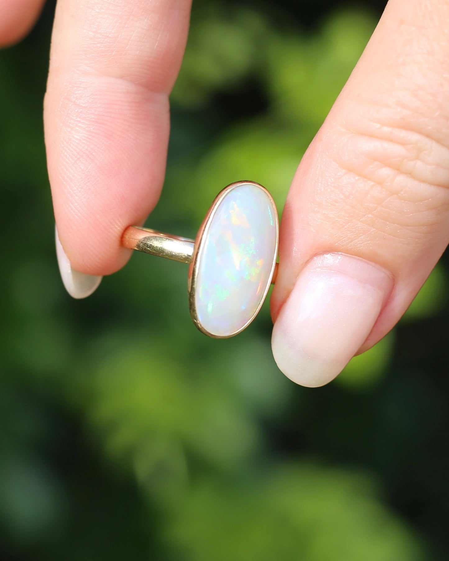 Crystal Opal Cabochon, Low Profile, in Bezel Set 9ct Yellow Gold, size T1/2 or 9.75