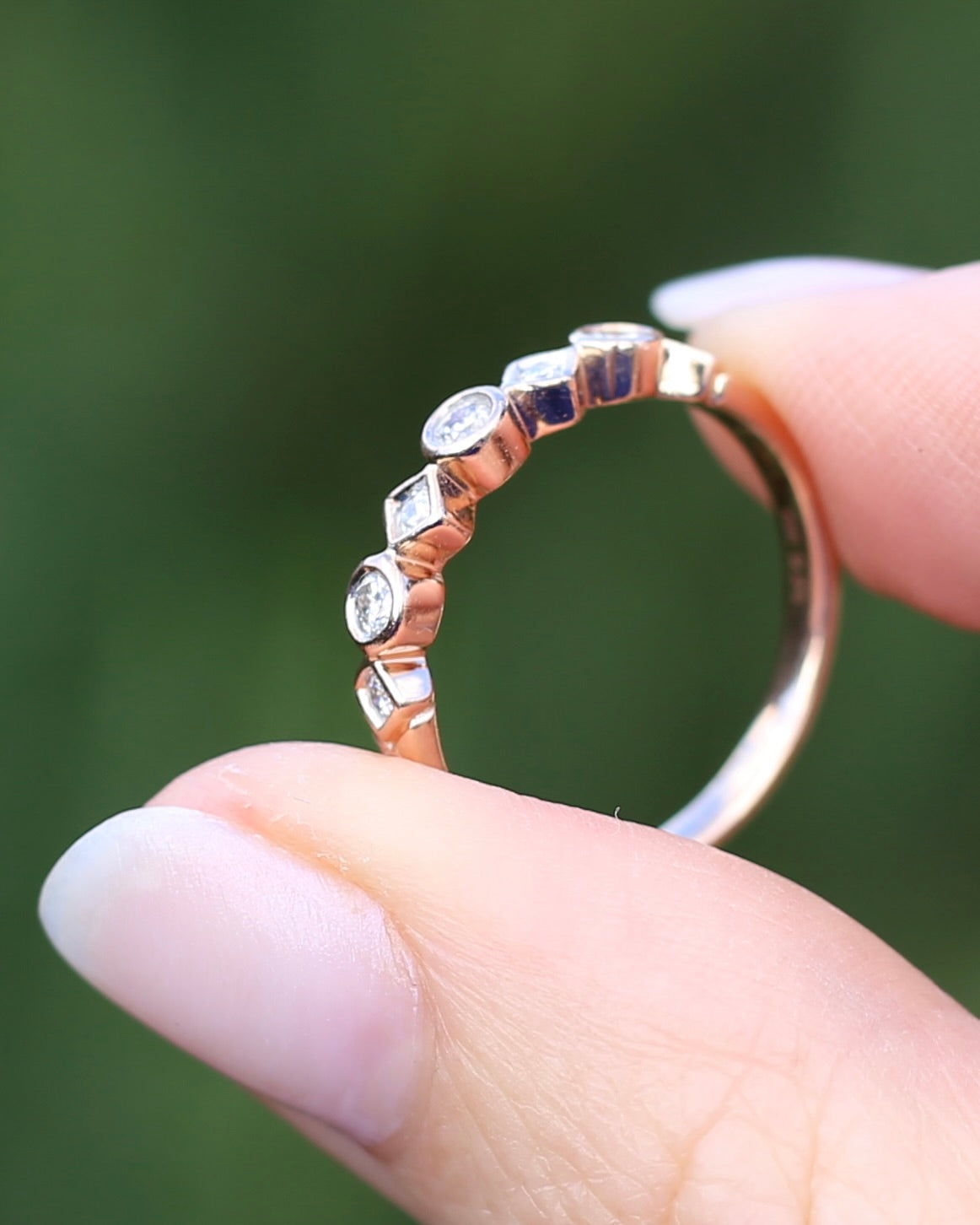 0.25ct 7 Stone Natural Diamond Bezel Set Round and Geometric Rose Gold Stacker, 10ct Rose Gold, size O or 7.25