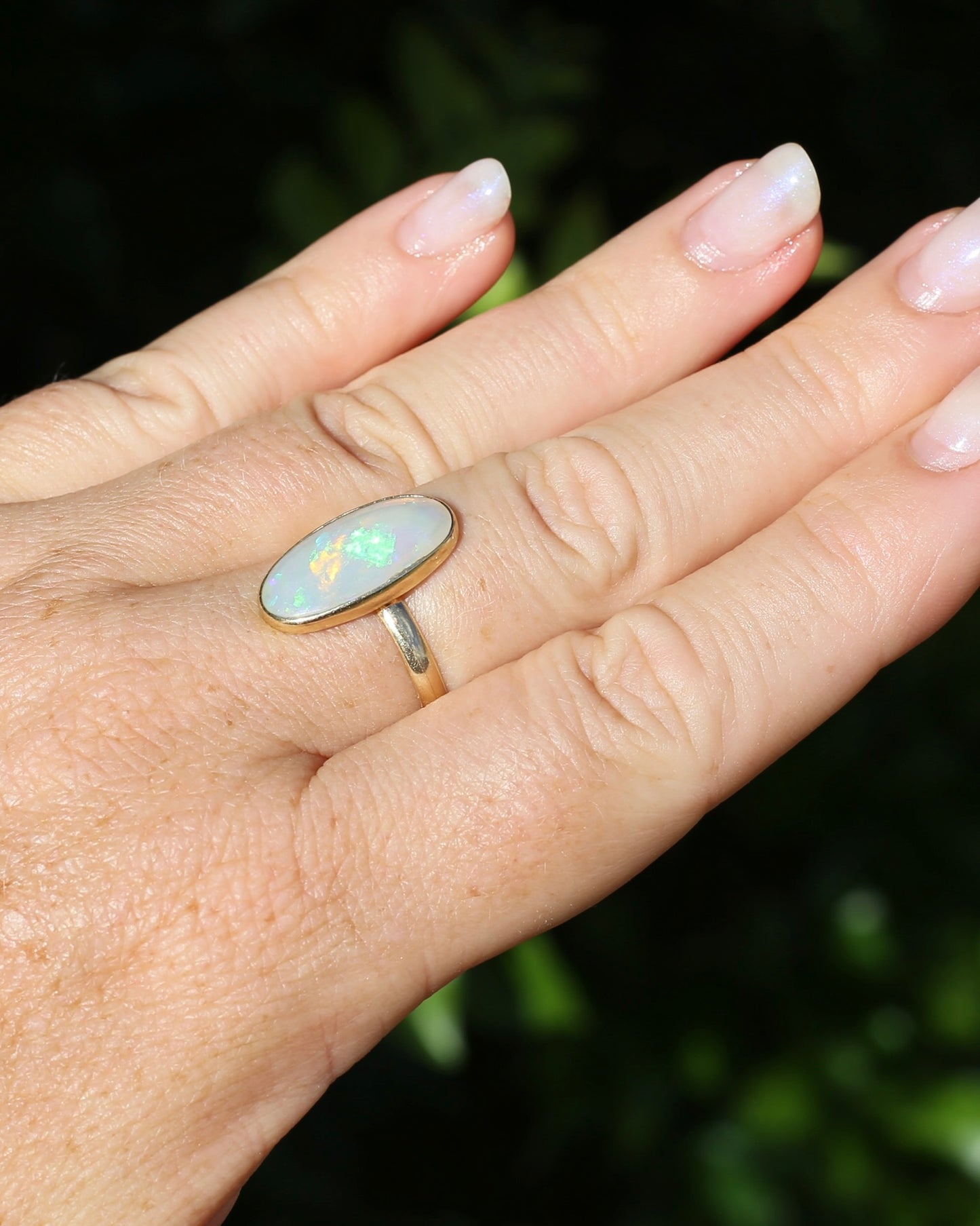 Crystal Opal Cabochon, Low Profile, in Bezel Set 9ct Yellow Gold, size T1/2 or 9.75