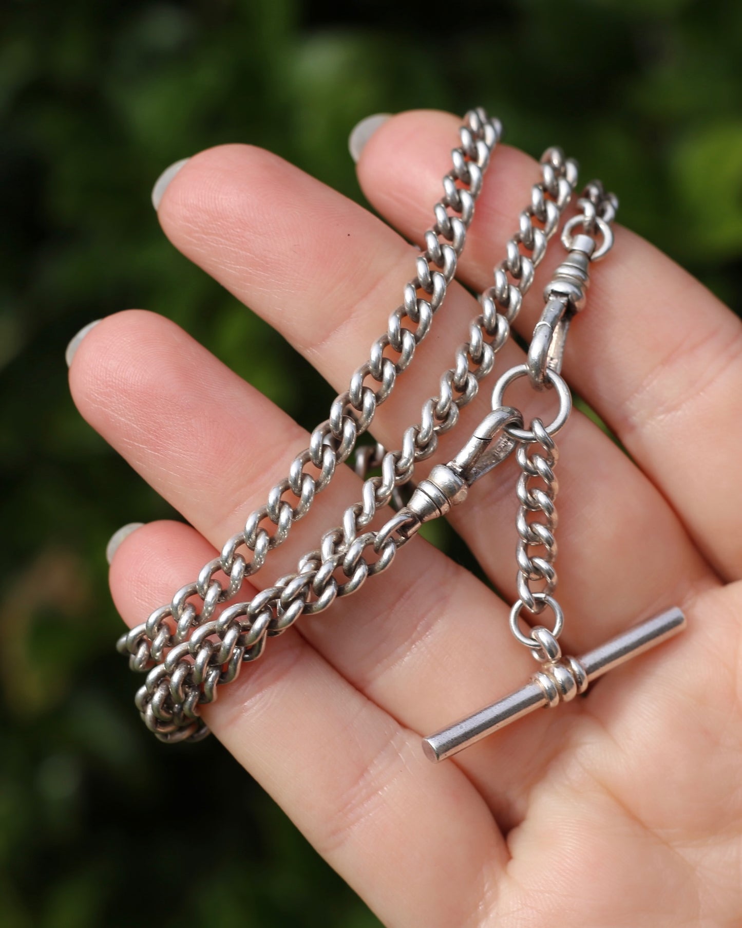 Vintage Silver Albert Chain, Likely American Made, Double Albert Clasp and Removable T-bar, Sterling Silver, 51.5cm