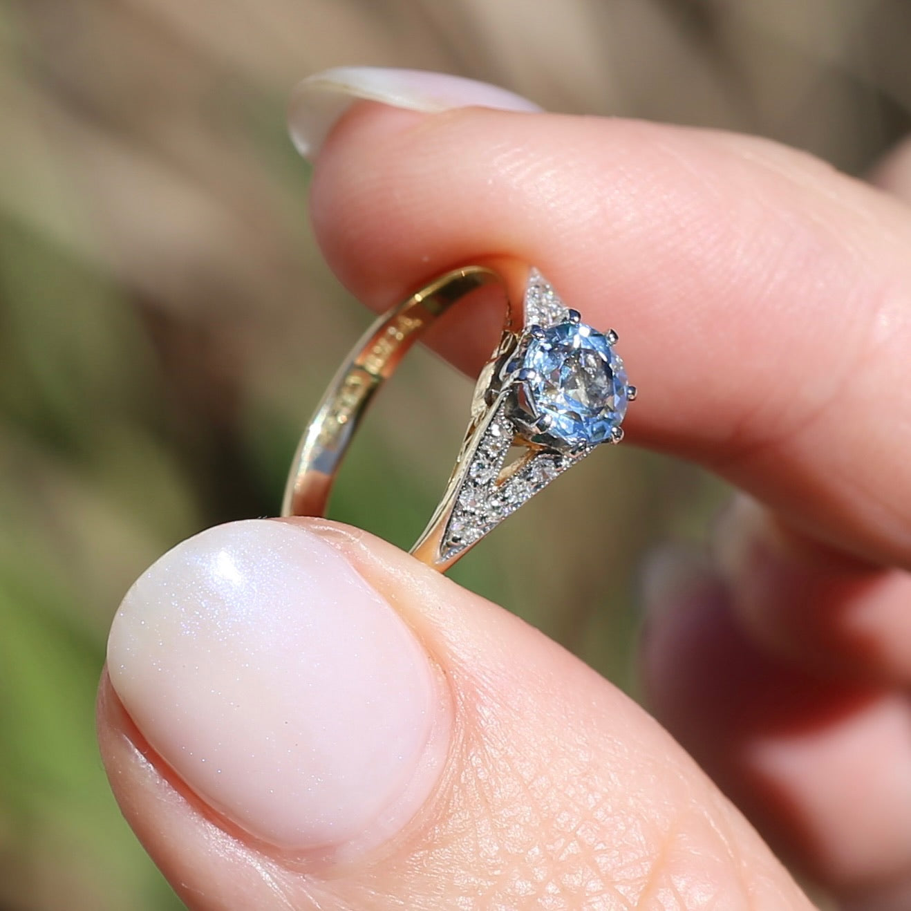 Pristine Early Australian 1930s Dunklings Blue Zircon & Diamond RIng, size L or just over 5.5