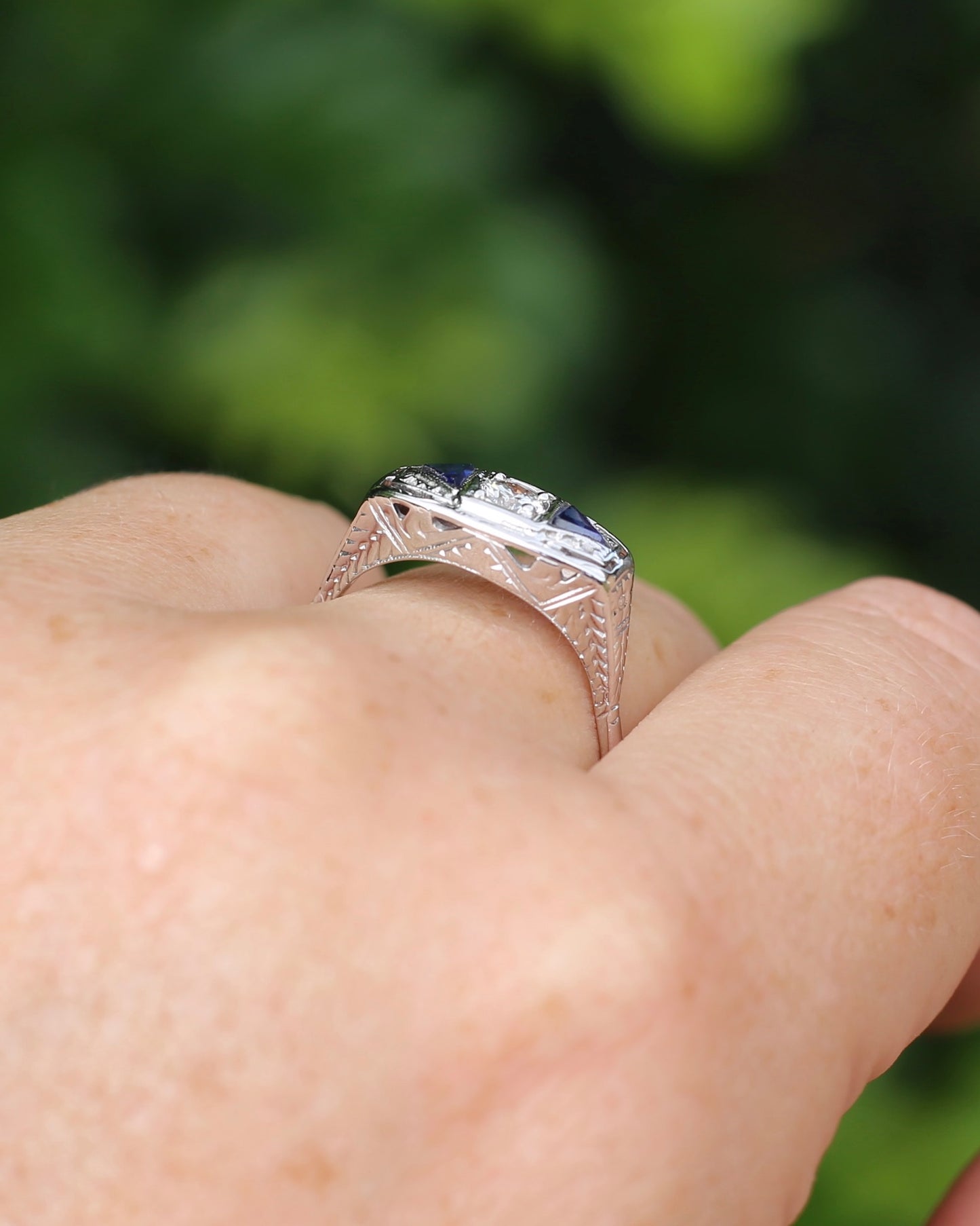 Art Deco Diamond and Sapphire Trilogy in Raised Handmade Engraved Floral Setting, 14ct White Gold, size U or 10 - offering free resize down to 7 or O, with valuation