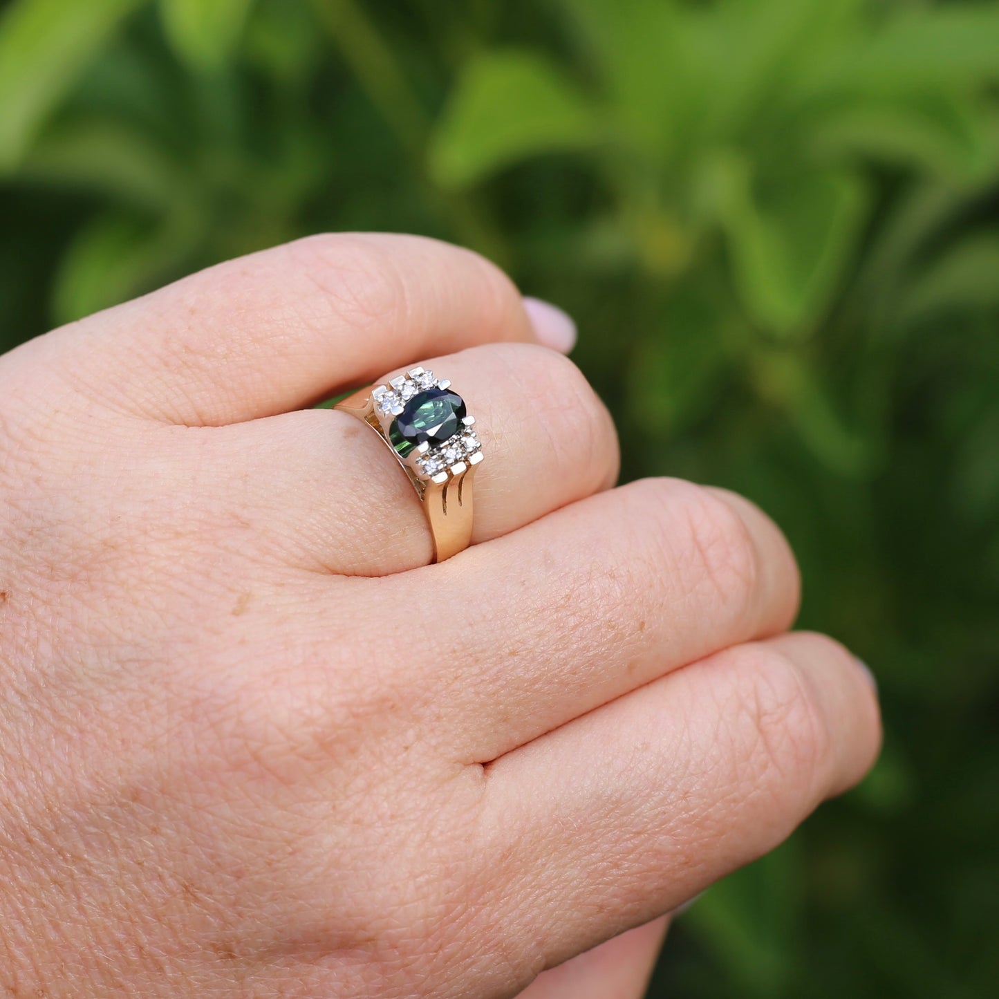 0.95ct Green Tourmaline and Diamond High Set Ring, 9ct White and Yellow Gold, size O or just over 7