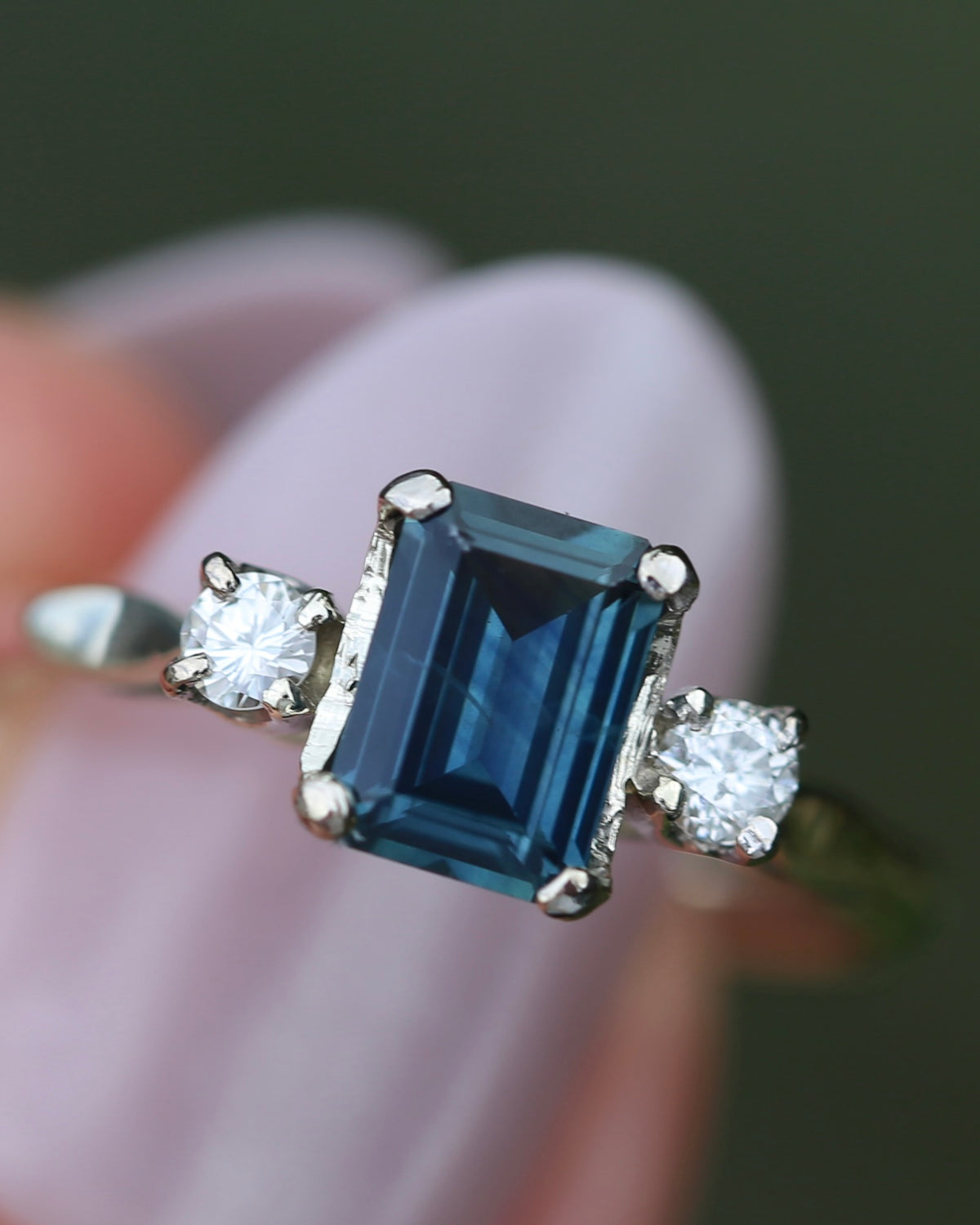 1.1ct Emerald Cut Natural Blue Teal Sapphire and Diamond Trilogy, 18ct White Gold and Platinum, size O or just over 7, 2.27g