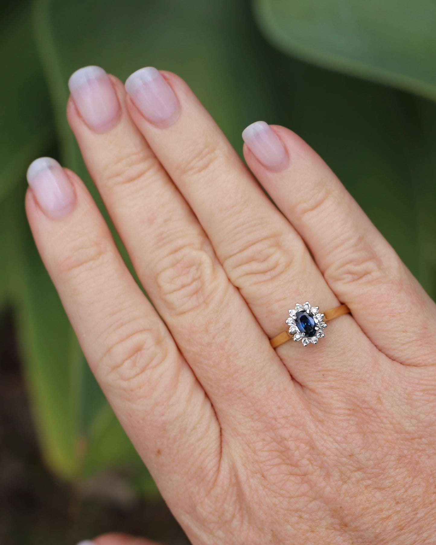 Natural Sapphire and Diamond Halo, 18ct White and Yellow Gold, size R or just over 8.5, 3,15g
