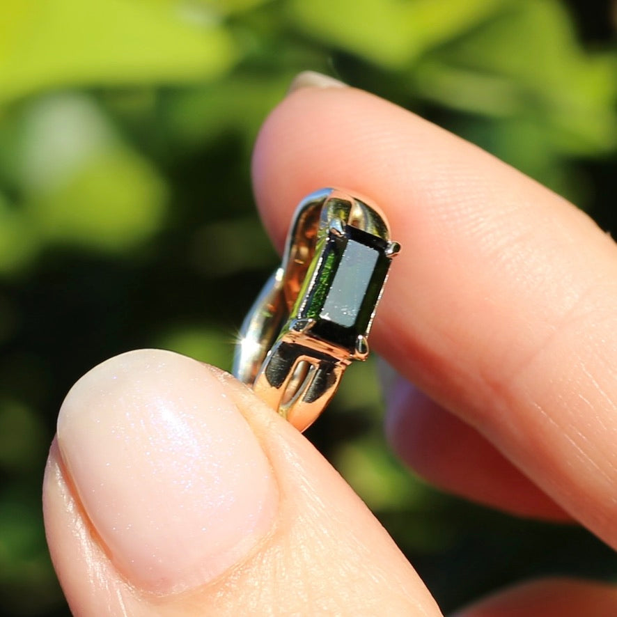 East West Set Emerald Cut Dark Green Natural Tourmaline Ring, 9ct Yellow Gold, size L or 5.75