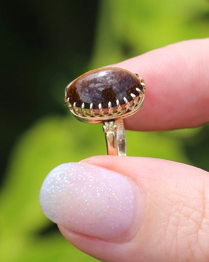 Second Glance - Antique Birmingham Made 1922 Tiger Eye Cabochon Ring, 15ct Yellow Gold, size I or 4.25, 2.27g