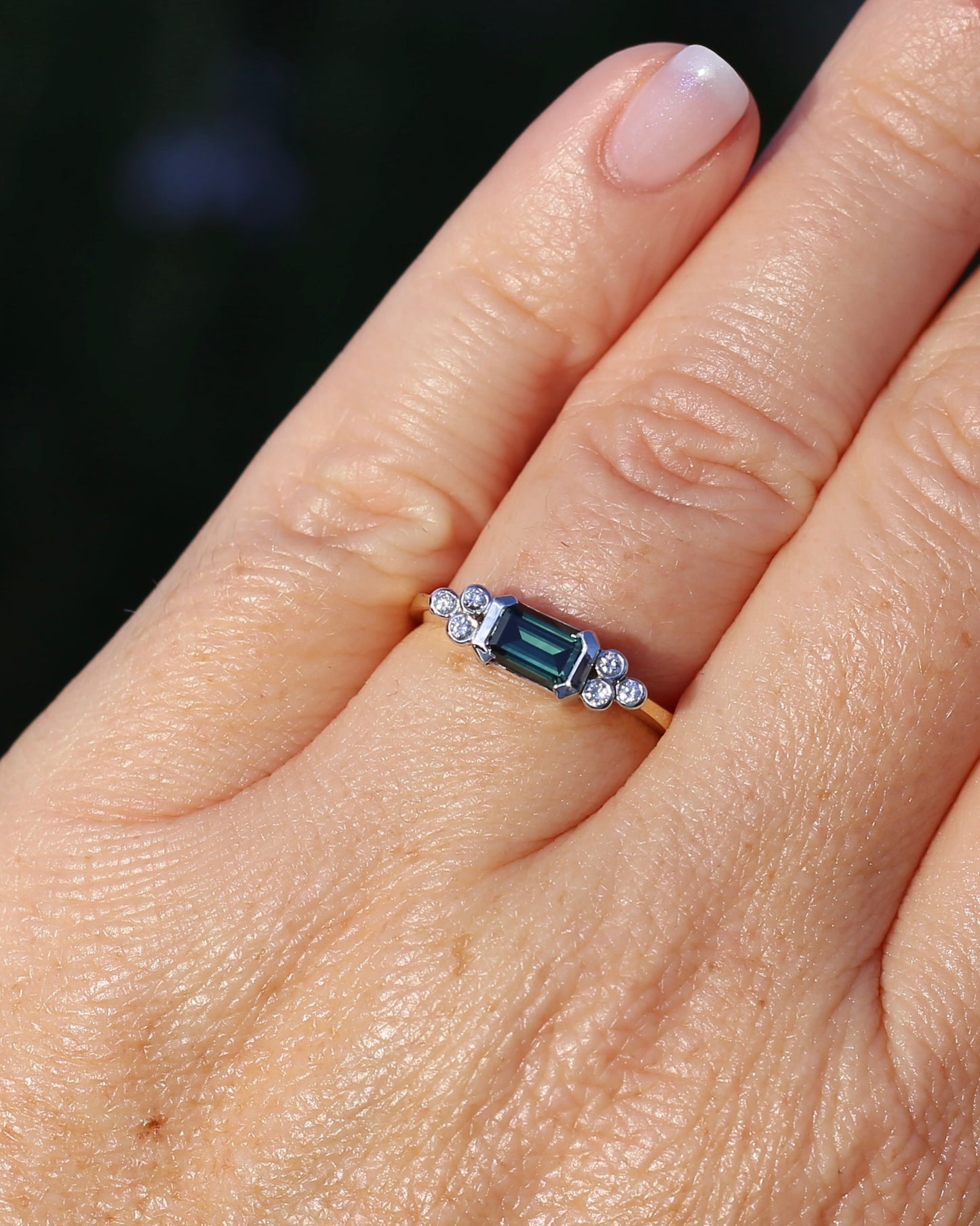 Vintage East West Set Natural Sapphire and Diamond Ring, 18ct Yellow and White Gold, size O or 7.25, 3.36g, with valuation