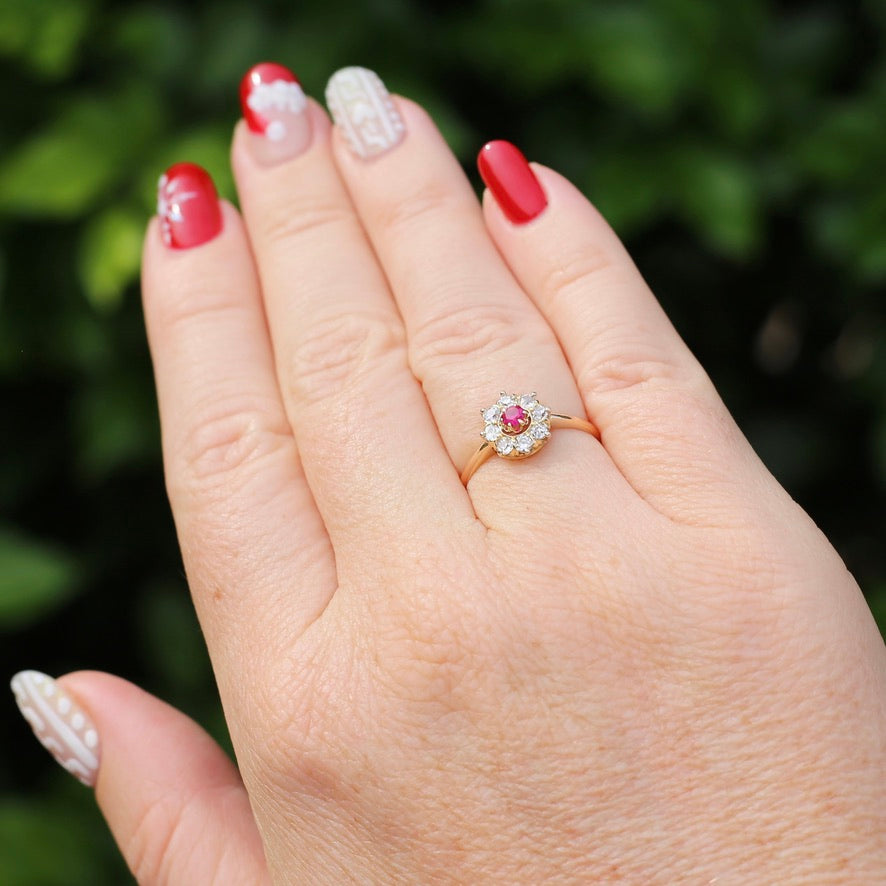 Antique Ruby and Old Cut Diamond Cluster, 15ct Yellow Gold, size O or 7.25 with valuation