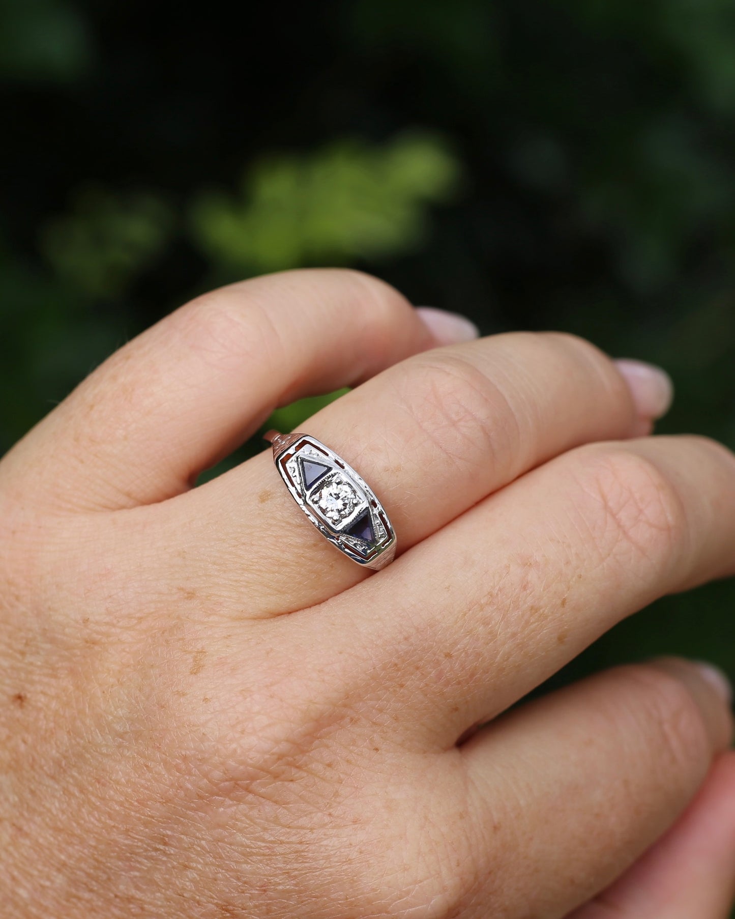 Art Deco Diamond and Sapphire Trilogy in Raised Handmade Engraved Floral Setting, 14ct White Gold, size U or 10 - offering free resize down to 7 or O, with valuation