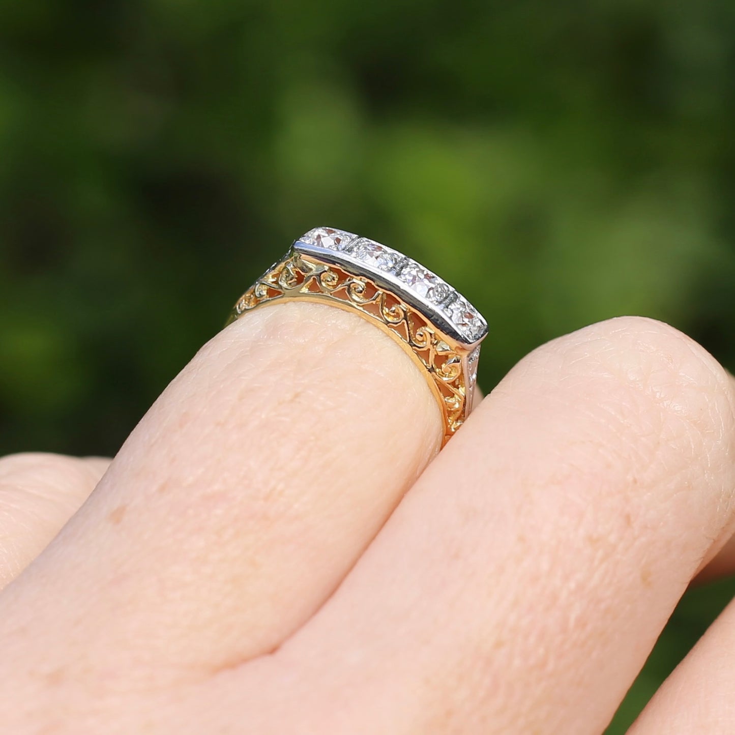 1930s 4 Stone Transitional Cut Diamond Mixed Metal Ring, 18ct Yellow Gold & Platinum, size M or just bigger than 6