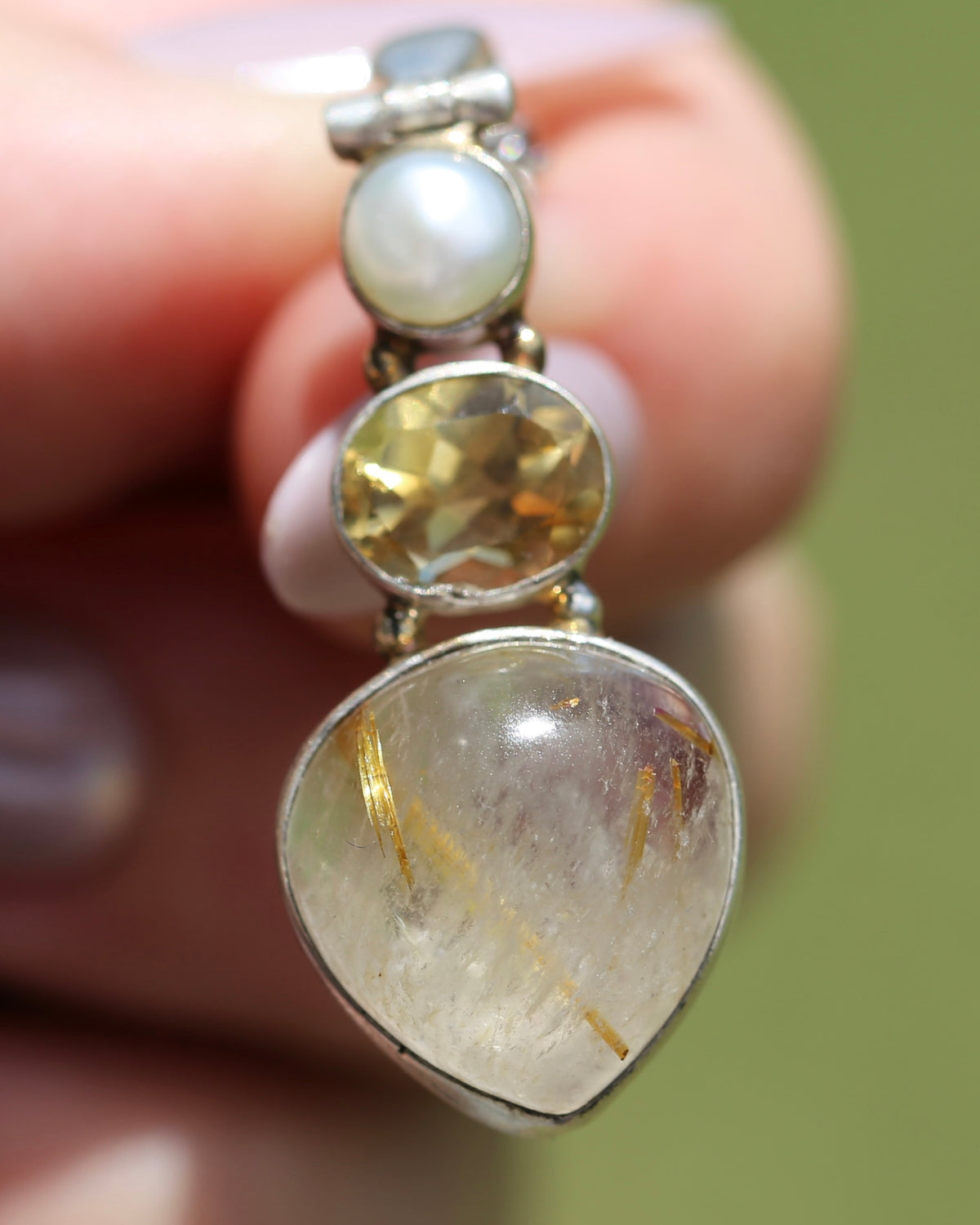 Freshwater Pearl, Citrine and Rutilated Quartz Cabochon Pendant, Sterling Silver, 6.0g