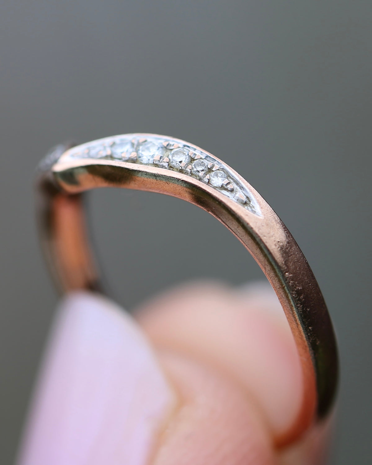 Bead Set Natural Diamond Wishbone Ring, 9ct Rose Gold, size J or 4.75, 1.7g