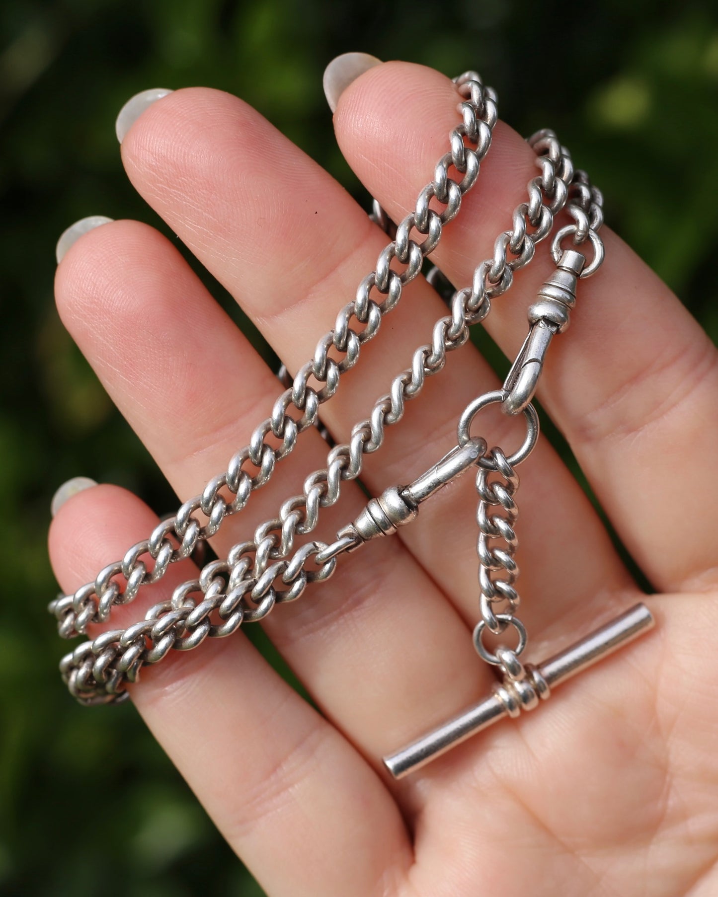 Vintage Silver Albert Chain, Likely American Made, Double Albert Clasp and Removable T-bar, Sterling Silver, 51.5cm