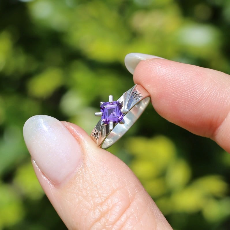 Retro 1970s Emerald Cut Purple Sapphire Ring, Sterling Silver, size M or 6