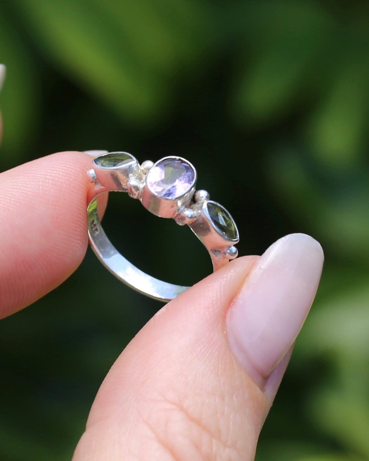 Amethyst & Peridot Bezel Set Trilogy Ring, Sterling Silver, size N or 6.75, 2.7g