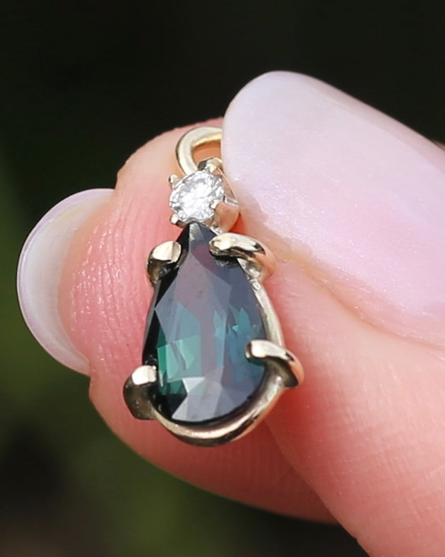 Pear Shaped Natural Teal Pear Sapphire and Diamond Pendant, 9ct Yellow Gold, 1.08g