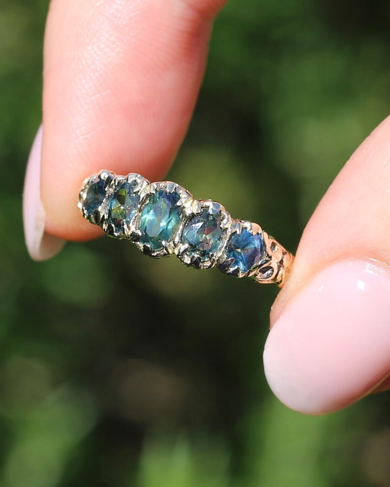 2.08ct Parti Sapphire Five Stone Ring,London Made 1989 9ct yellow Gold, size P1/2 or 8, 3.07g